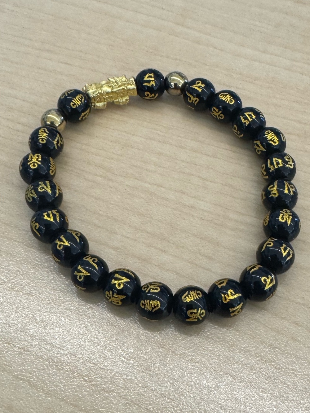 Unisex Black Bead Stretch Bracelet with Gold Mantra